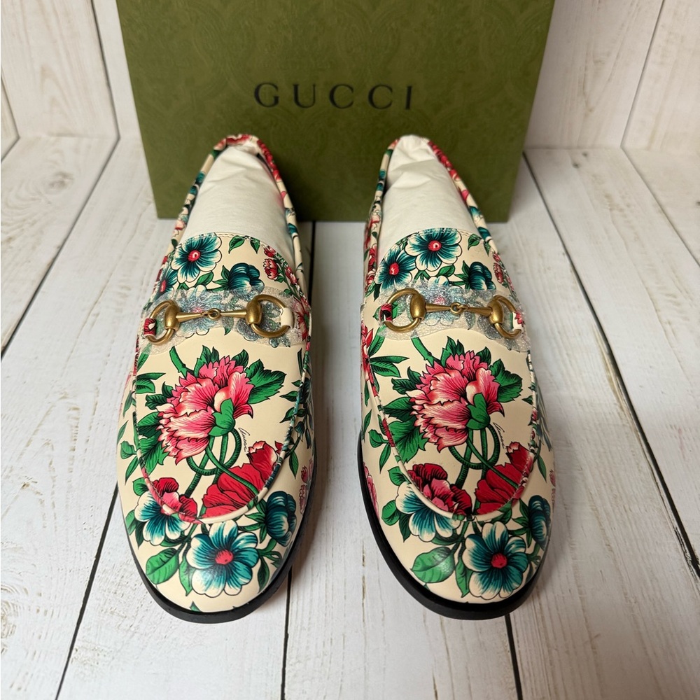 Gucci Floral Print Leather Horsebit Jordaan Loafer Multicolor Sz 37 / 7 - Picture 5 of 15